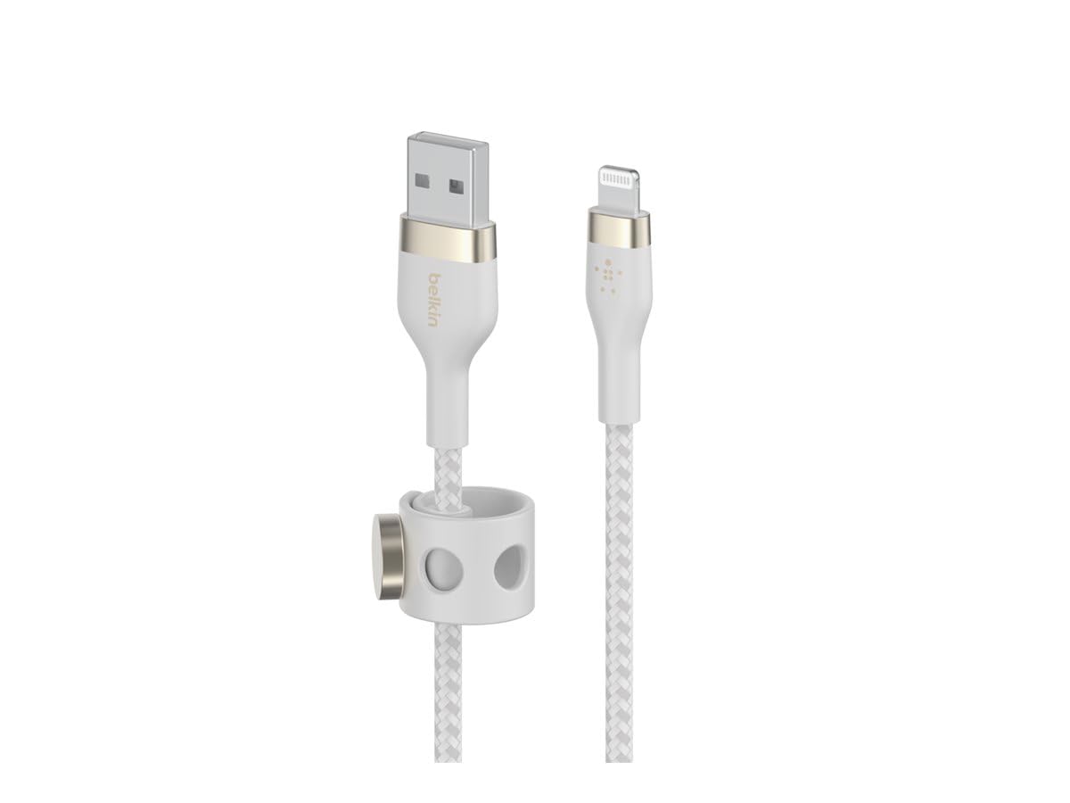 Belkin BoostCharge Pro Flex Braided USB Type A to Lightning Cable (2M/6.6FT), MFi Certified Charging Cable for iPhone 14/14 Plus, 13, 12, Pro, Max, Mini, SE, iPad and More - White