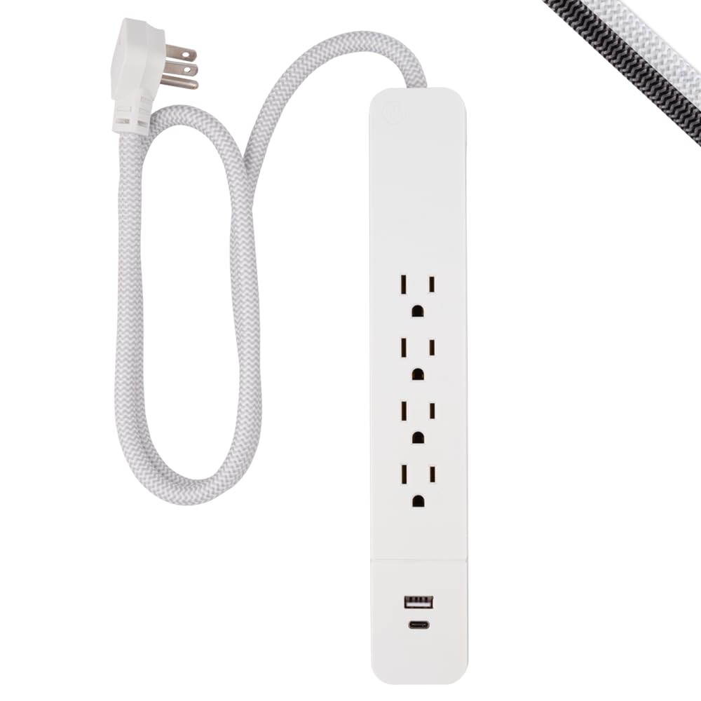 GE UltraPro 4 Outlet Surge Protector, USB-C Charging, 3 ft Designer Braided Cord, 1060 Joules, Compatible w/ iPhone 12/11/Pro/Max/Xs/XR/X/8, Samsung Galaxy S21/S10/S9/Plus, Google Pixel, White, 41354