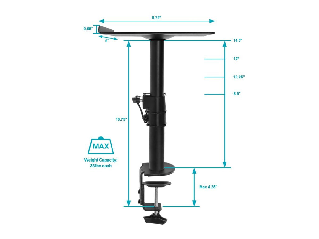 Monoprice Universal Clamp-On Desktop Speaker Mounts Pair Height-Adjustable 9 x 9 inch Tray, Fits Most Bookshelf Studio Monitor Speakers