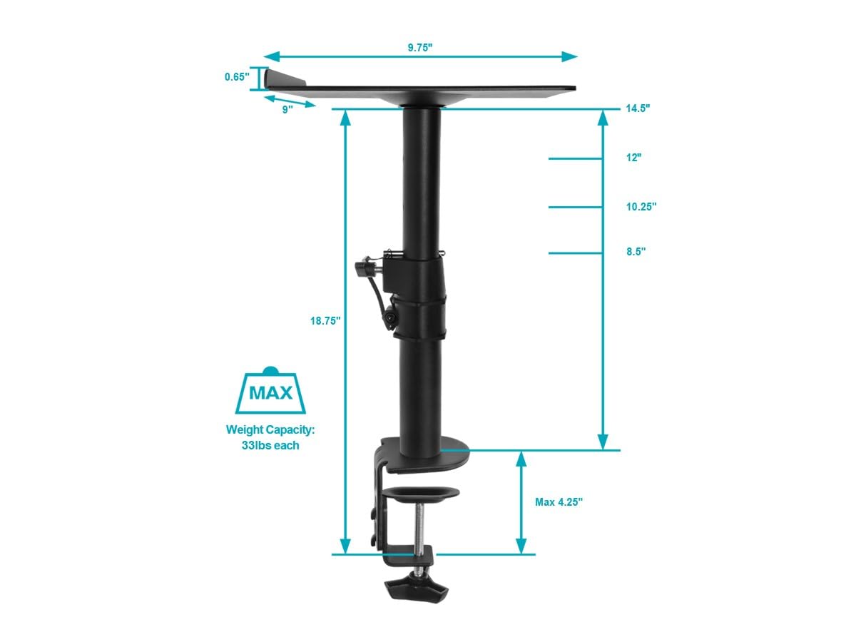 Monoprice Universal Clamp-On Desktop Speaker Mounts Pair Height-Adjustable 9 x 9 inch Tray, Fits Most Bookshelf Studio Monitor Speakers