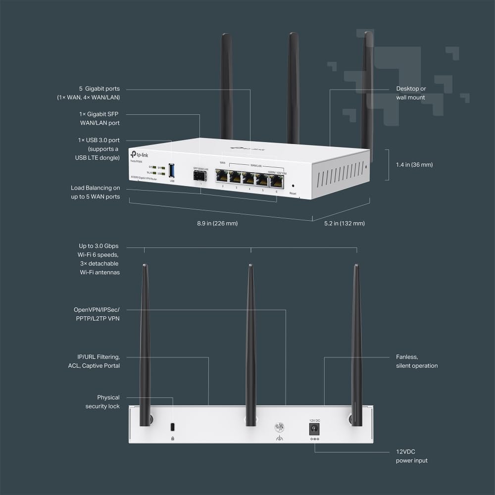 TP-Link Festa FR365, AX3000 WiFi 6 VPN Router, Up to 5 Gigabit WAN + 1 USB 3.0 WAN + 1 SFP, Self-Organizing Network, Free Cloud, Load Balance, Mesh, Seamless Roaming, Does not Work with Omada