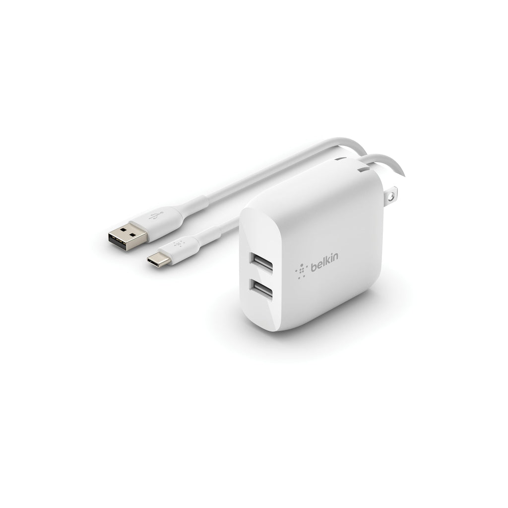 Belkin 24W Dual Port USB Wall Charger - USB C Cable Included - iPhone Charger Fast Charging - USB Charger Block for Power Bank, iPad & iPad Pro, Samsung Galaxy S20, Samsung Note, Google Pixel & more