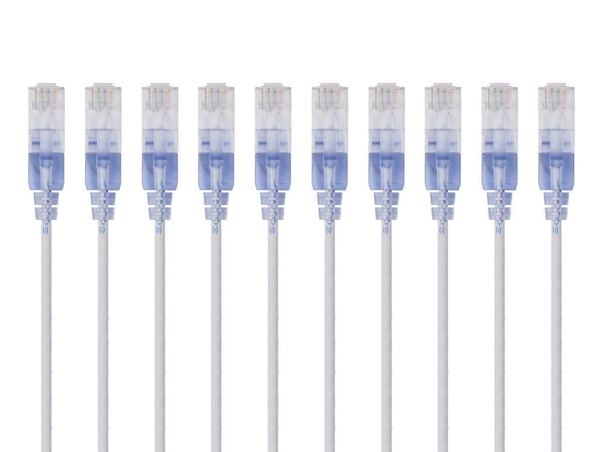 Monoprice SlimRun Cat6A Ethernet Patch Cable - Network Internet Cord - RJ45, Stranded, 550Mhz, UTP, Pure Bare Copper Wire, 10G, 30AWG , 7ft, Blue, 10-Pack