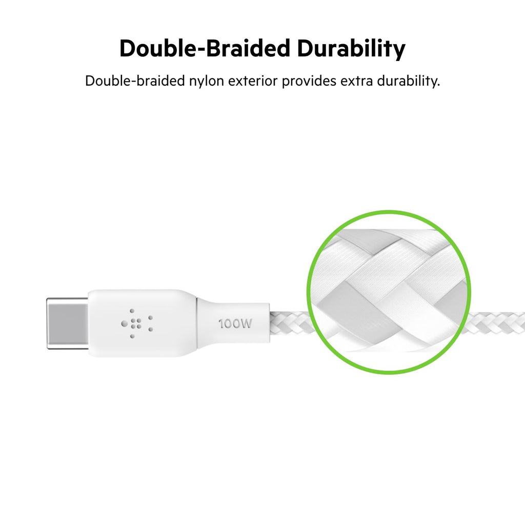 Belkin USB-C to USB-C BoostCharge Braided Cable (2M/6.6ft), 100W Power Delivery, USB-IF Certified for iPhone 16, MacBook, Chromebook, Galaxy & More - White (2-Pack)