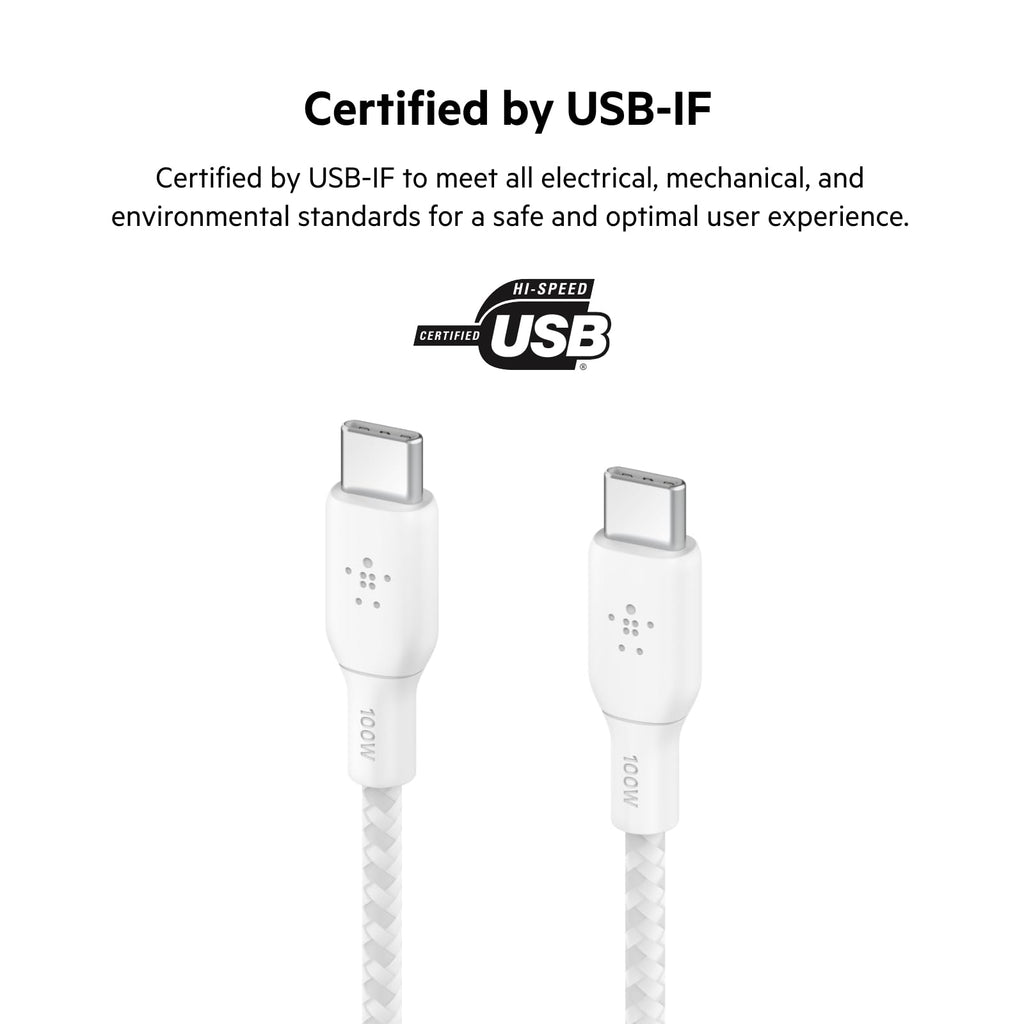Belkin USB-C to USB-C BoostCharge Braided Cable (2M/6.6ft), 100W Power Delivery, USB-IF Certified for iPhone 16, MacBook, Chromebook, Galaxy & More - White (2-Pack)