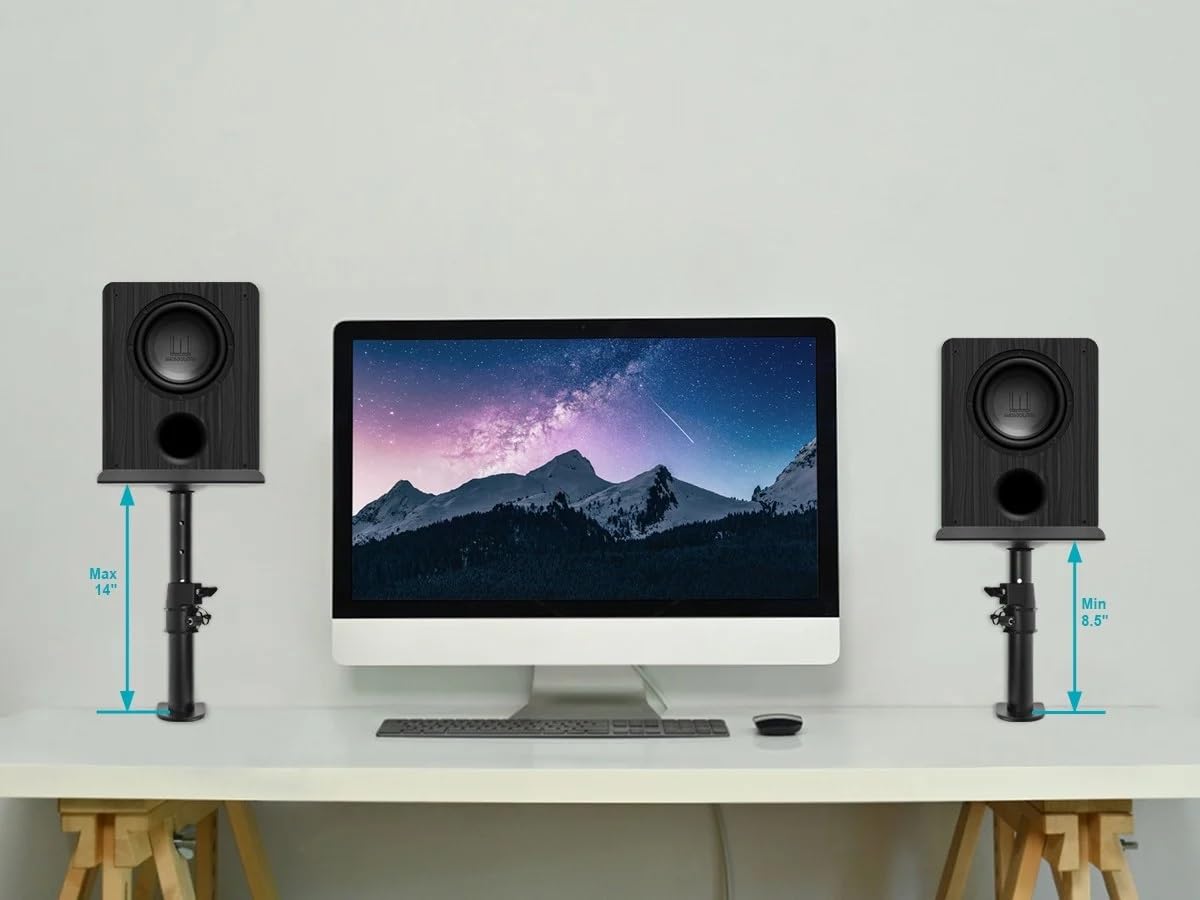 Monoprice Universal Clamp-On Desktop Speaker Mounts Pair Height-Adjustable 9 x 9 inch Tray, Fits Most Bookshelf Studio Monitor Speakers