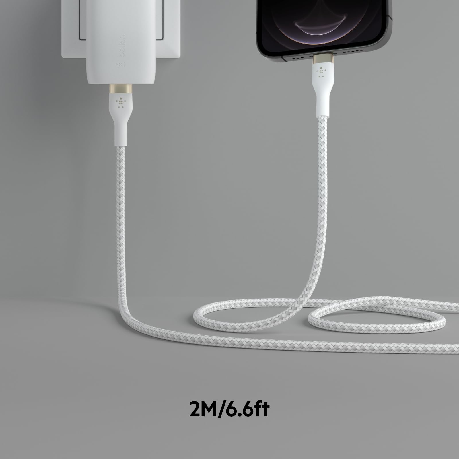 Belkin BoostCharge Pro Flex Braided USB Type C to Lightning Cable (2M/6.6ft), MFi Certified 20W Fast Charging PD Power Delivery for iPhone 14/14 Plus, 13, 12, Pro, Max, Mini, SE, iPad and More - White