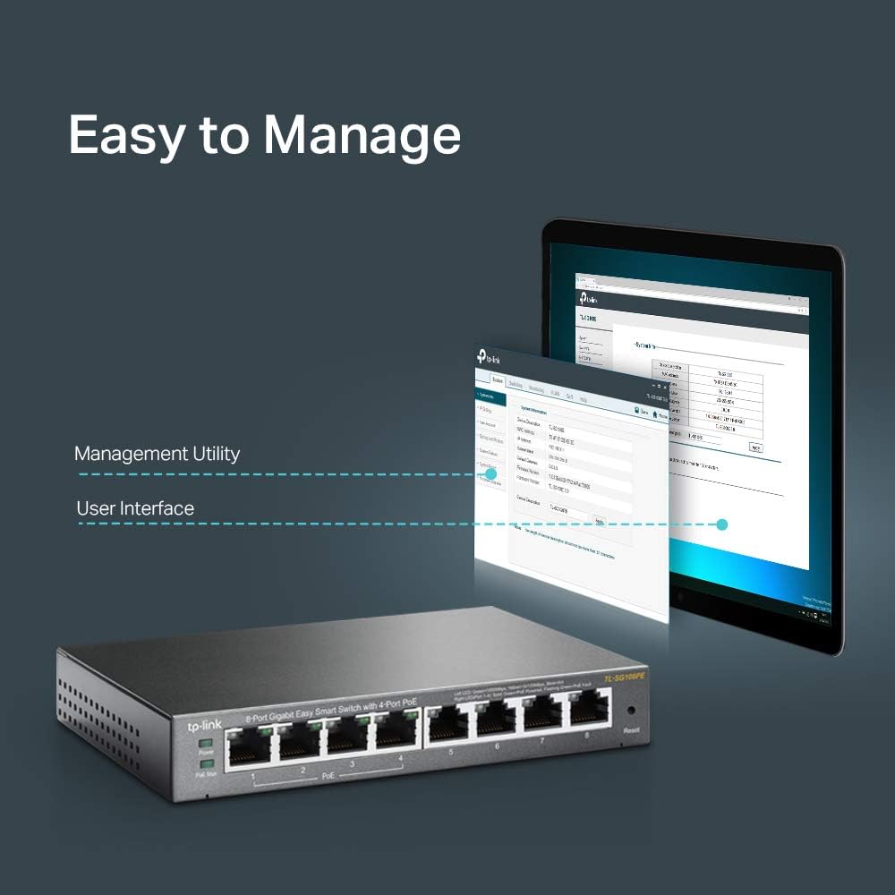 TP-Link 8 Port Gigabit PoE Switch 4 PoE Port @55W Easy Smart Plug & Play Lifetime Protection Sturdy Metal w/Shielded Ports Support QoS, Vlan, IGMP and Link Aggregation (TL-SG108PE)
