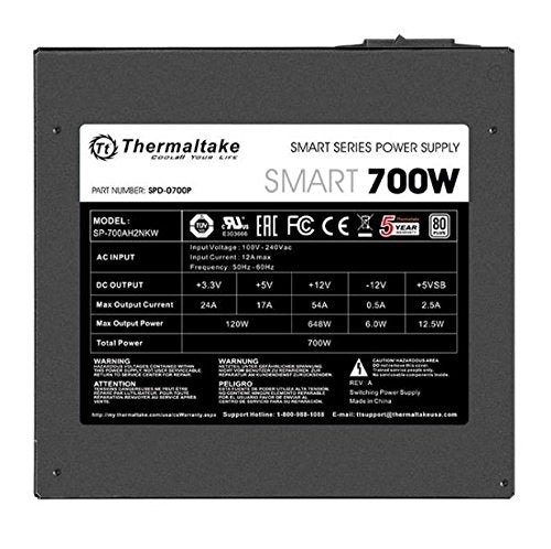 Thermaltake Smart 700W 80+ White Certified PSU, Continuous Power with 120mm Ultra Quiet Fan, ATX 12V V2.3/EPS 12V Active PFC Power Supply PS-SPD-0700NPCWUS-W