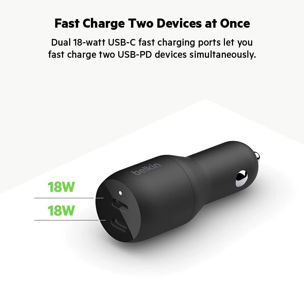 Belkin USB-C PD Car Charger 36W (Dual 18W USB-C Power Delivery Car Charger for iPhone 14 and 13 series, Samsung, Google and more)