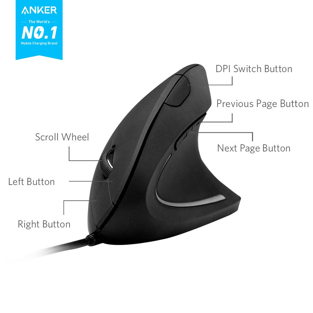 Anker Ergonomic Optical USB Wired Vertical Mouse 1000/1600 DPI, 5 Buttons CE100