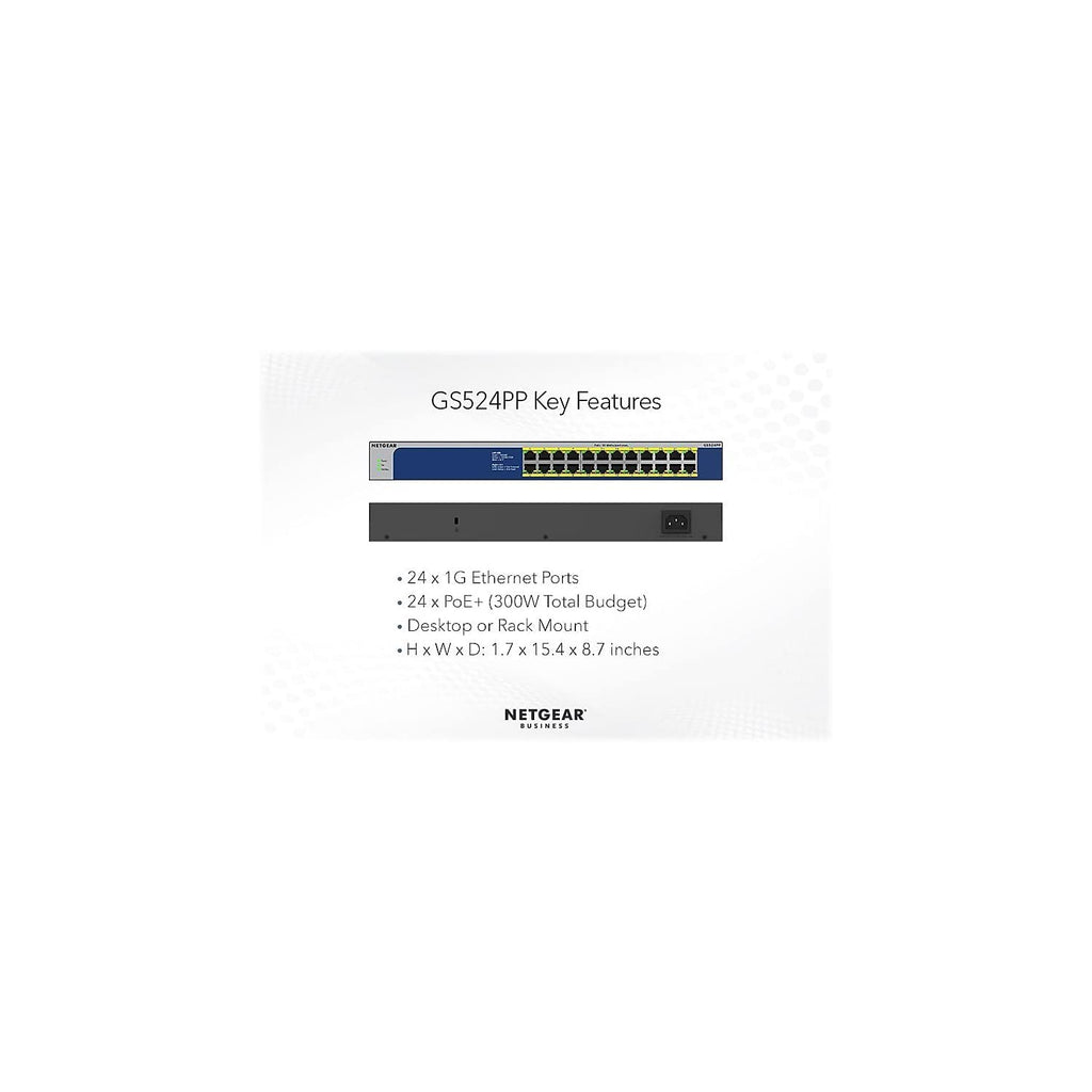 NETGEAR 24-Port Gigabit Ethernet Unmanaged PoE Switch (GS524PP) - with 24 x PoE+ @ 300W, Desktop or Rackmount, and Limited Lifetime Protection