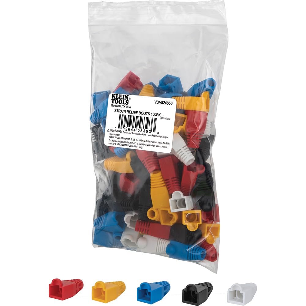 Klein Tools VDV824-650 CAT6 /CAT5e Data Ethernet Network RJ45 Terminated Strain Relief Boots, Latch Protection, Color Coded 100-Pack,White