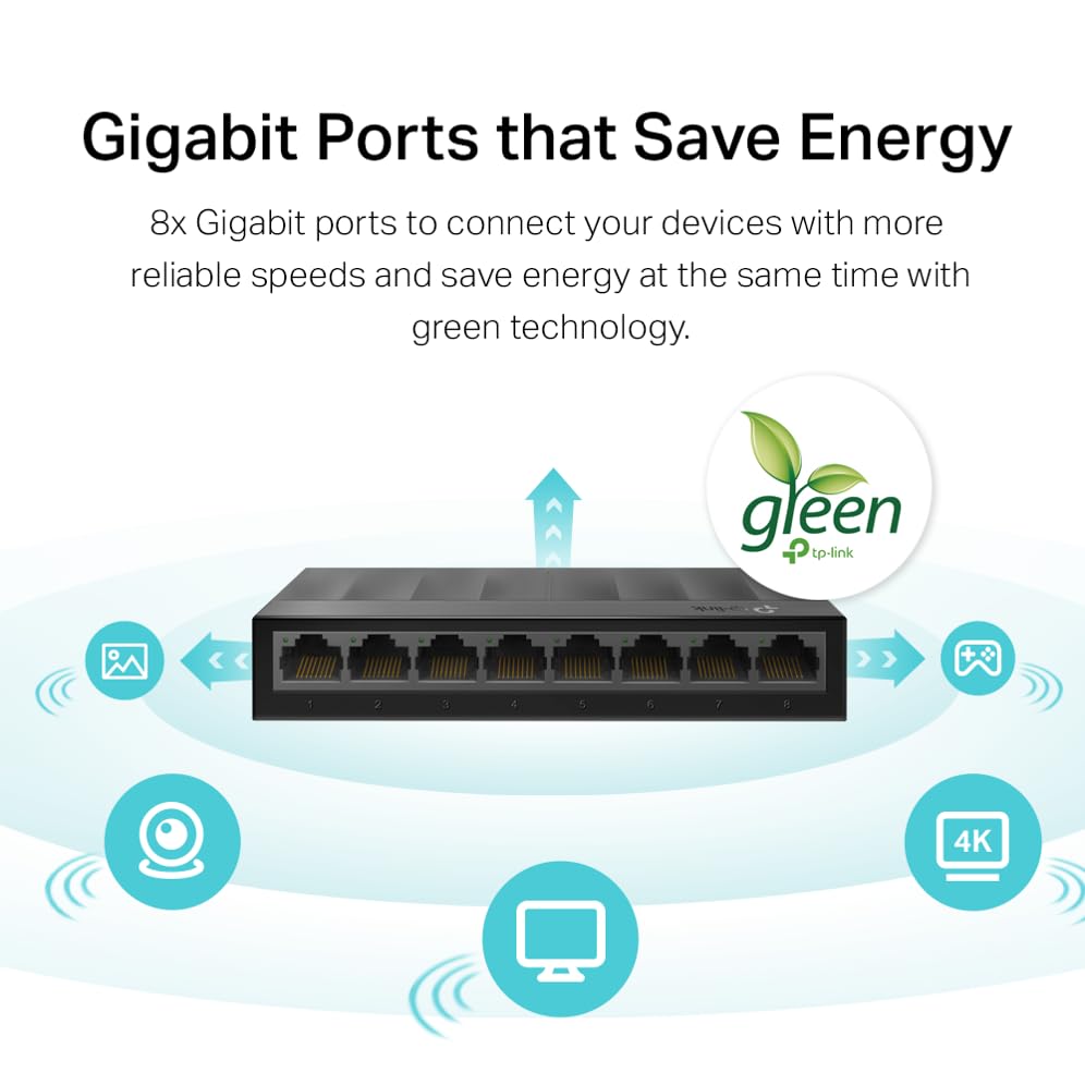 TP-Link Litewave 8 Port Gigabit Ethernet Switch | Desktop Ethernet Splitter | Plastic Case | Unshielded Network Switch | Plug & Play | Fanless Quiet | Unmanaged (LS1008G)