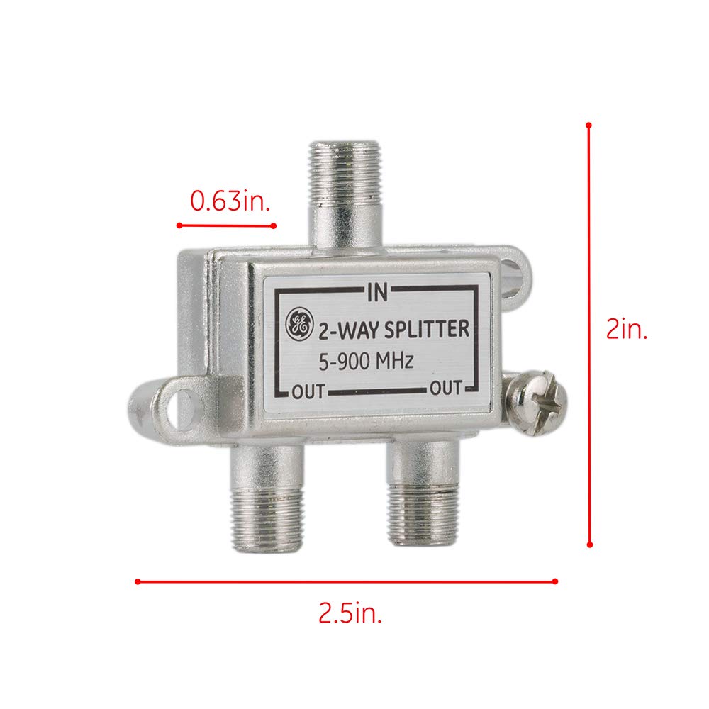 GE 2-Way Coaxial Cable Splitter, 5-900 Mhz Range, RG59 RG6 Coax Compatible, Audio, Video, Works with HD TV, Cable, Amplifiers, Amplified Antennas, Nickel, Corrosion Resistant, 35046