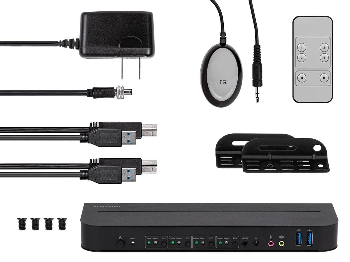 Monoprice Blackbird 4K DisplayPort 1.4 USB 3.0 4x1 KVM Switch, 4K@60Hz, HDR, YCbCr 4:4:4, HDCP 2.2, Share 4 Computers with 1 Keyboard Mouse Monitor Printer Black 142646