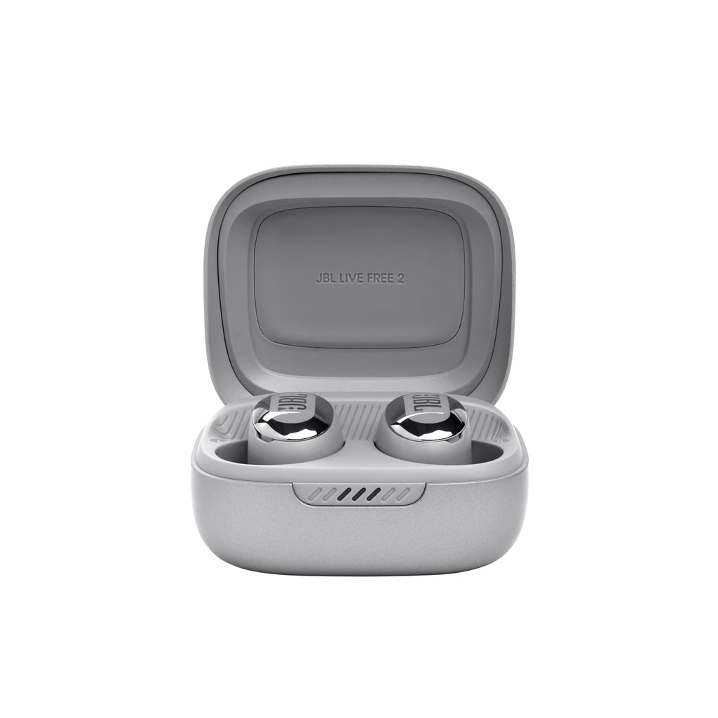 JBL Live Free 2: 35 Hours of Playtime, True Adaptive Noise Cancelling, Smart Ambient, and beamforming mics (Silver), Small