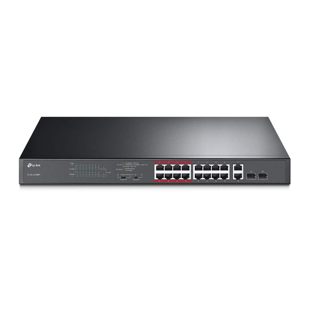TP-Link 16-Port 10/100Mbps Fast Ethernet PoE Switch | 16 PoE+ Ports @194W, w/ 2 Uplink Gigabit Ports + 2 Combo SFP Slots | Extend Mode | Priority Mode (TL-SL1218MP)