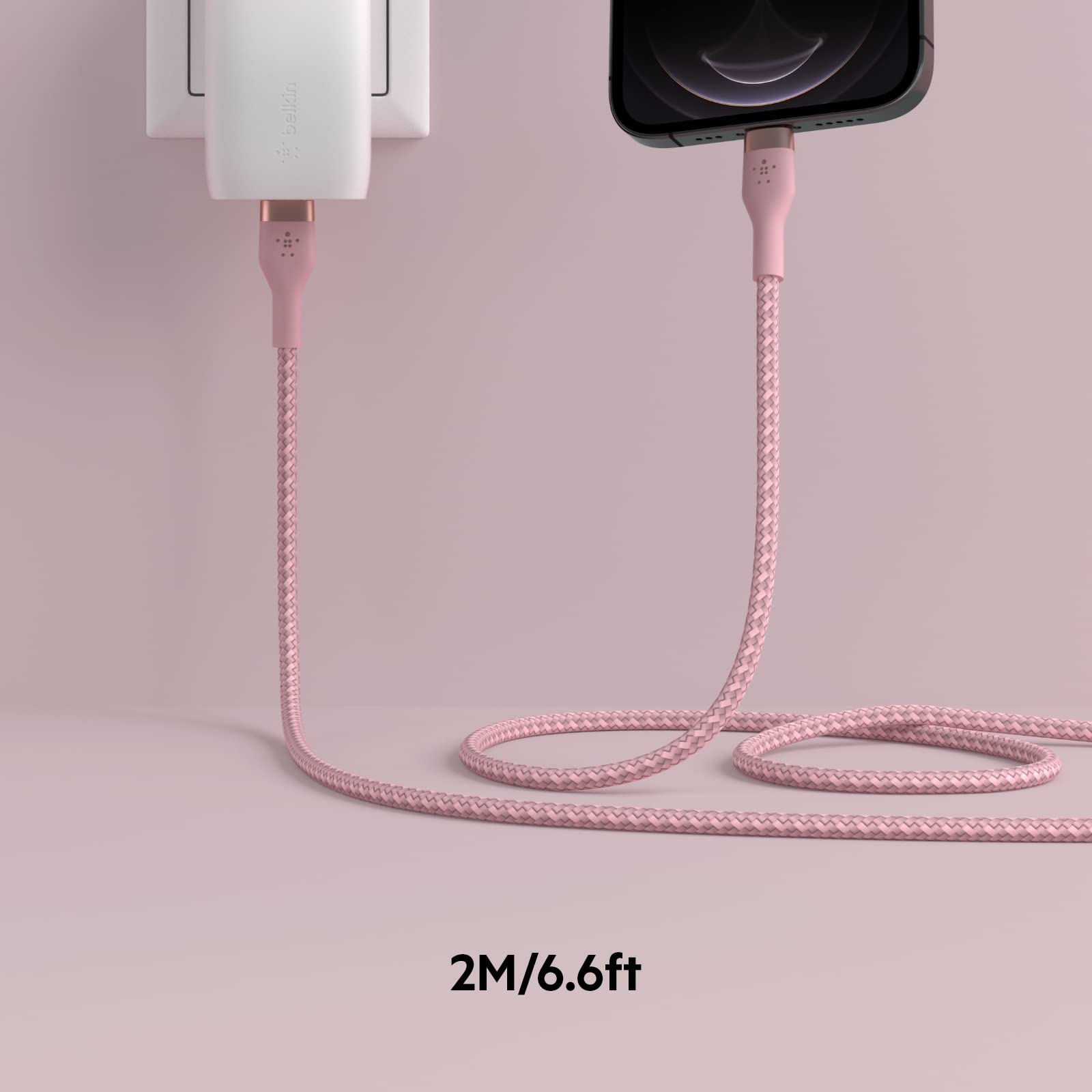 Belkin BoostCharge Pro Flex Braided USB Type C to Lightning Cable (2M/6.6ft), MFi Certified 20W Fast Charging PD Power Delivery for iPhone 14/14 Plus, 13, 12, Pro, Max, Mini, SE, iPad and More - Pink
