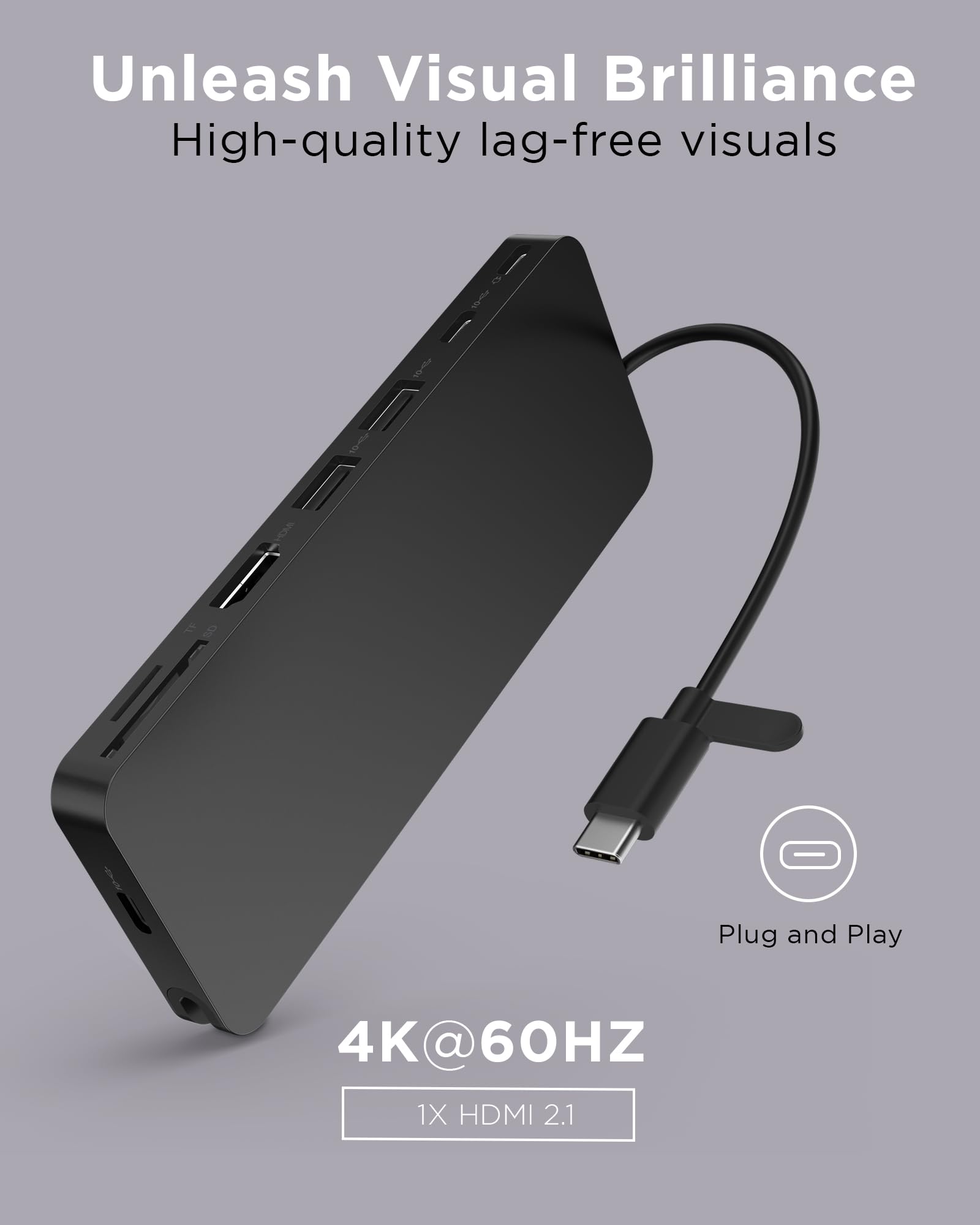 Lenovo USB-C Slim Travel Dock, 8 Ports, Up to 65W PD Pass Through, Integrated USB-C Cable, 4K Display Support, Black