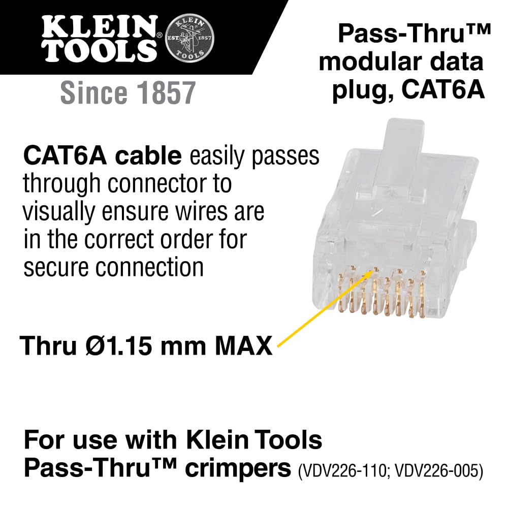 Klein Tools VDV826-704 Modular Data Plug for CAT6A and Larger Diameter CAT6 Indoor or Outdoor Ethernet Cable, 50 Pack