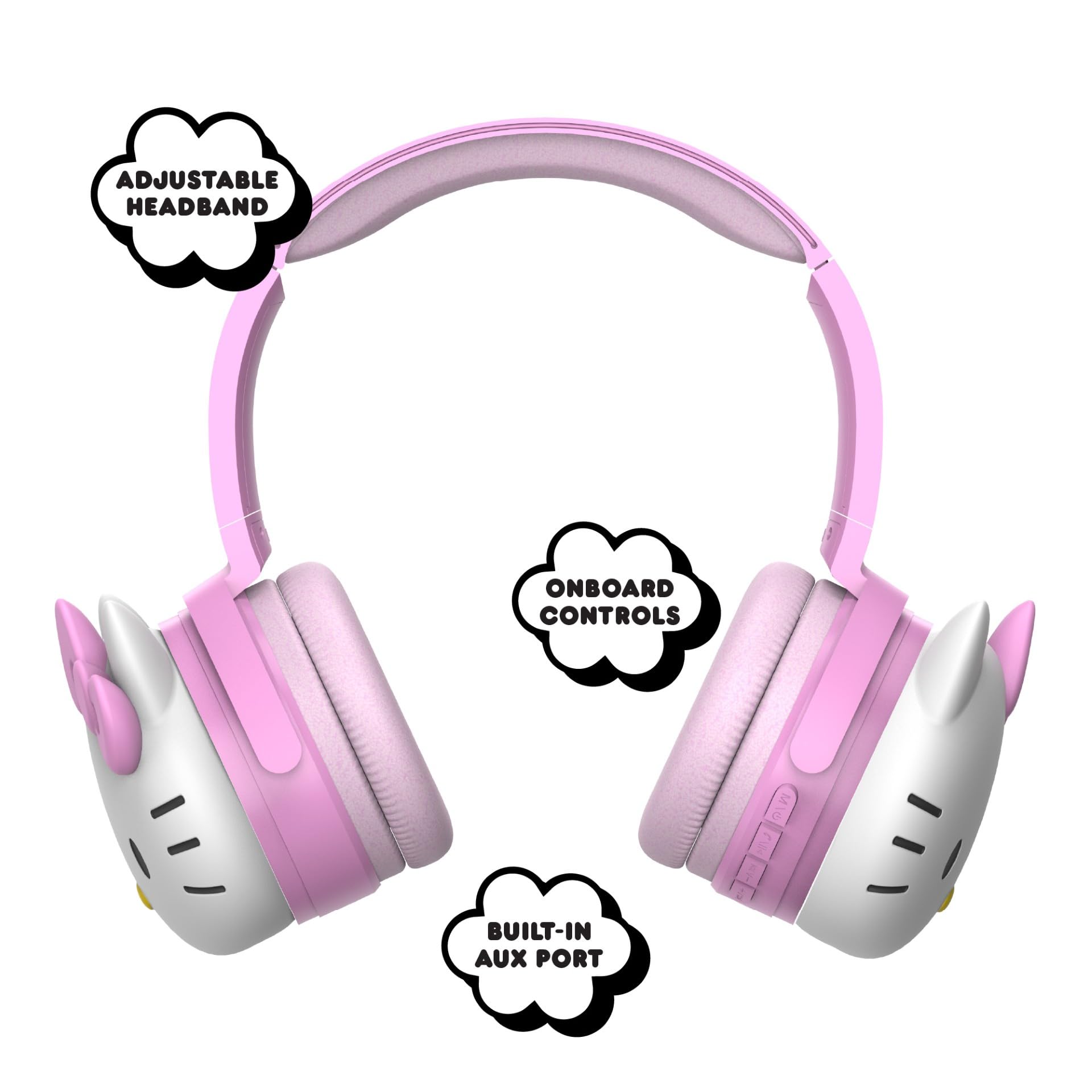 Hello Kitty 2-in-1 Wireless Bluetooth Headphones with Wired Earbuds - Foldable, Adjustable & Padded Headband, Onboard Controls, Squishy Ear Cups, Aux Cable Connectivity, Handsfree Calling