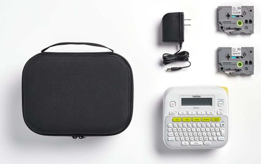 Brother PT-D210SV Label Maker Bonus Bundle Comes with a Protective Carrying case, an Adapter, and Two Sample Genuine TZe Label Tapes for Added Value.