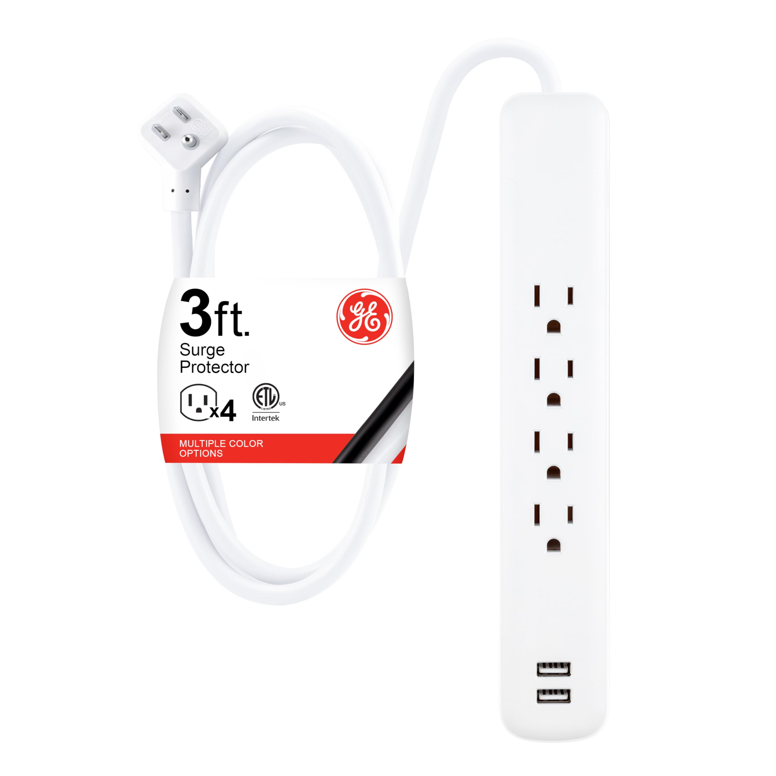 GE 4-Outlet Surge Protector, 2 USB Ports, 3 Ft Power Cord, 560 Joules, Flat Plug, Automatic Shutdown Technology, Circuit Breaker, Warranty, UL Listed, Black, 37212