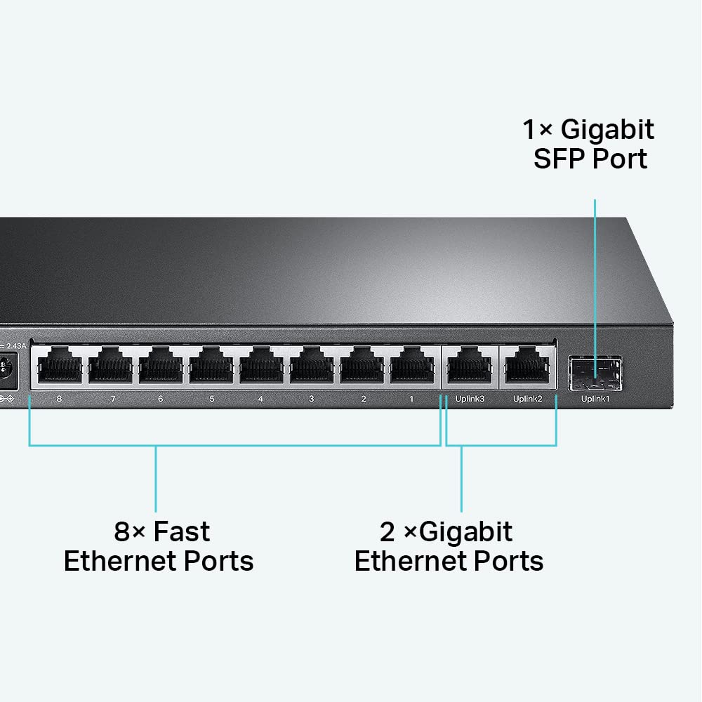 TP-Link TL-SL1311MP | 8 Port 10/100Mbps Fast Ethernet PoE Switch | 8 PoE+ Ports @124W, w/ 2 Uplink Gigabit Ports + 1 SFP Port | Limited Lifetime Protection | PoE Recovery | Extend & Isolation Mode
