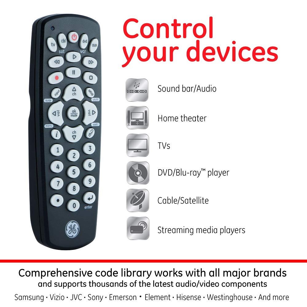 GE Universal Remote Control for Samsung, Vizio, LG, Sony, Sharp, Roku, Apple TV, RCA, Panasonic, Smart TVs, Streaming Players, Blu-ray, DVD, 4-Device, Black, 34708