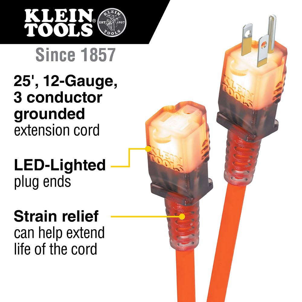 Klein Tools EXC2515 12/3 25-Foot Heavy-Duty Extension Cord with Lighted Ends, 3-Prong, 15A/125V/1875W, Indoor/Outdoor, High Visibility Orange