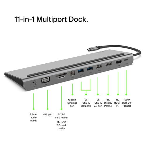 Belkin USB-C Hub, 11-in-1 MultiPort Adapter Dock with 4K HDMI, DP, VGA, USB-C 100W PD Pass-Through Charging, 3 USB A, Gigabit Ethernet, SD, MicroSD, 3.5mm Ports for MacBook* Pro, Air, XPS and More