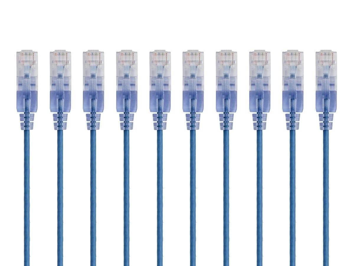 Monoprice SlimRun Cat6A Ethernet Patch Cable - Network Internet Cord - RJ45, Stranded, 550Mhz, UTP, Pure Bare Copper Wire, 10G, 30AWG , 7ft, Blue, 10-Pack