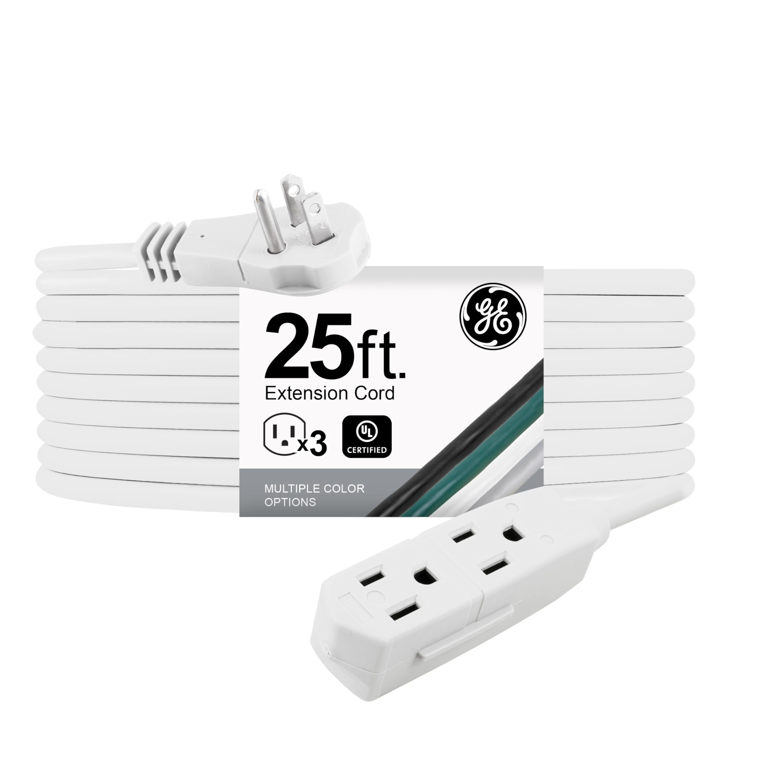 GE 3-Outlet Flat Extеnsion Cord 25 Ft Grounded Extension Cord with Multiple Outlеts 3 Prong Outlet Extender Flat Plug Power Strip Indoor Extensiоn Ϲord 16 Gauge UL Listed White 69920