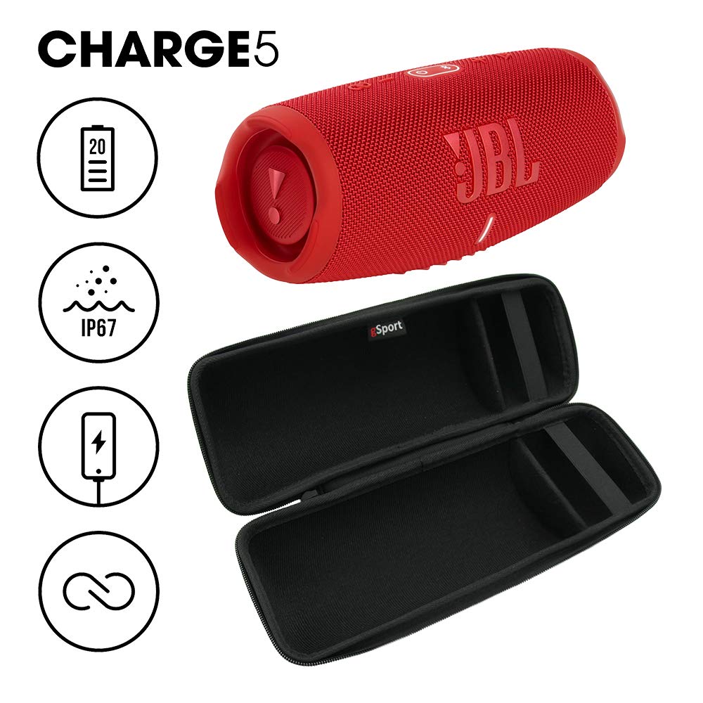 JBL Charge 5 Waterproof Portable Speaker with Built-in Powerbank and gSport Carbon Fiber Case (Red)