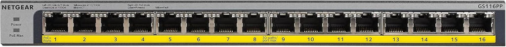 NETGEAR 16-Port Gigabit Ethernet Unmanaged PoE Switch (GS116PP) - with 16 x PoE+ @ 183W, Desktop, Wall Mount or Rackmount, and Limited Lifetime Protection