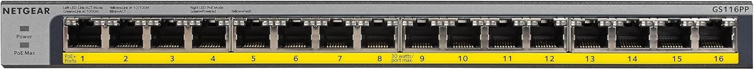NETGEAR 16-Port Gigabit Ethernet Unmanaged PoE Switch (GS116PP) - with 16 x PoE+ @ 183W, Desktop, Wall Mount or Rackmount, and Limited Lifetime Protection