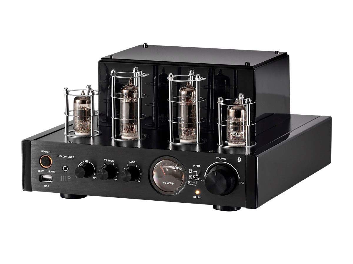 Monoprice 138360 25 Watt Stereo Hybrid Tube Amplifier 2019 Edition with Bluetooth Optical Coaxial and USB Inputs and Subwoofer Out