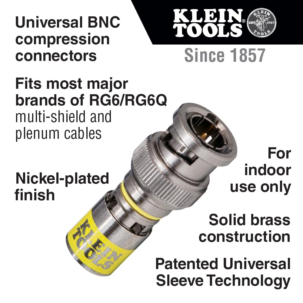 Klein Tools VDV813-607 Universal BNC Compression Coax Connector, for RG6/6Q Coaxial Cables, Male, 10-Pack