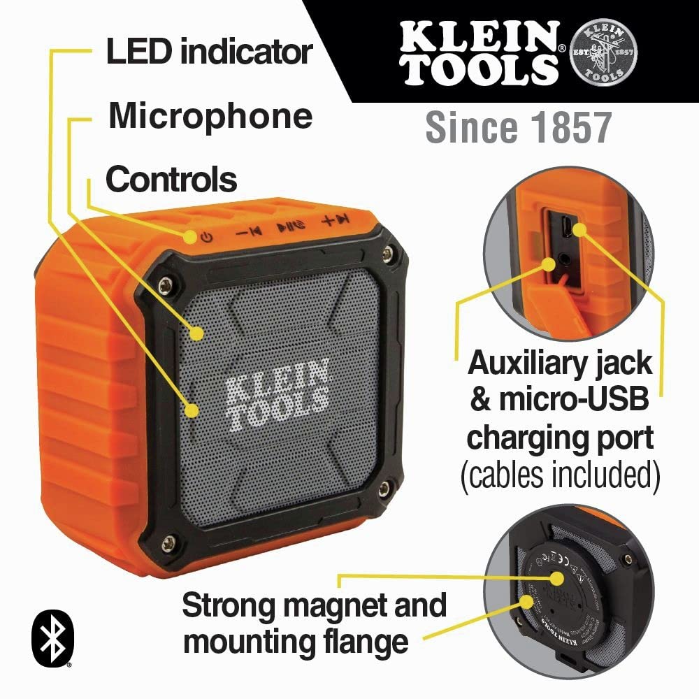 KLEIN TOOLS AEPJS1 Bluetooth Speaker, Wireless Portable Jobsite Speaker Plays Audio and Answers Calls Hands Free, IPX5, Worksite Ready