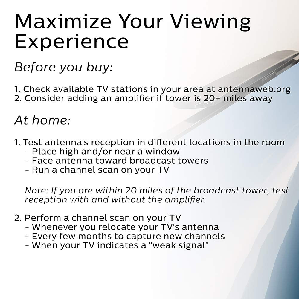 Philips Hover Amplified HD Digital TV Antenna, Long Range Smart TV Antenna, Easy Mount on Top of TV Design, Supports 4K 1080P HD VHF UHF, Signal Booster, Coax HDTV Cable/AC Adapter, SDV7219N/27