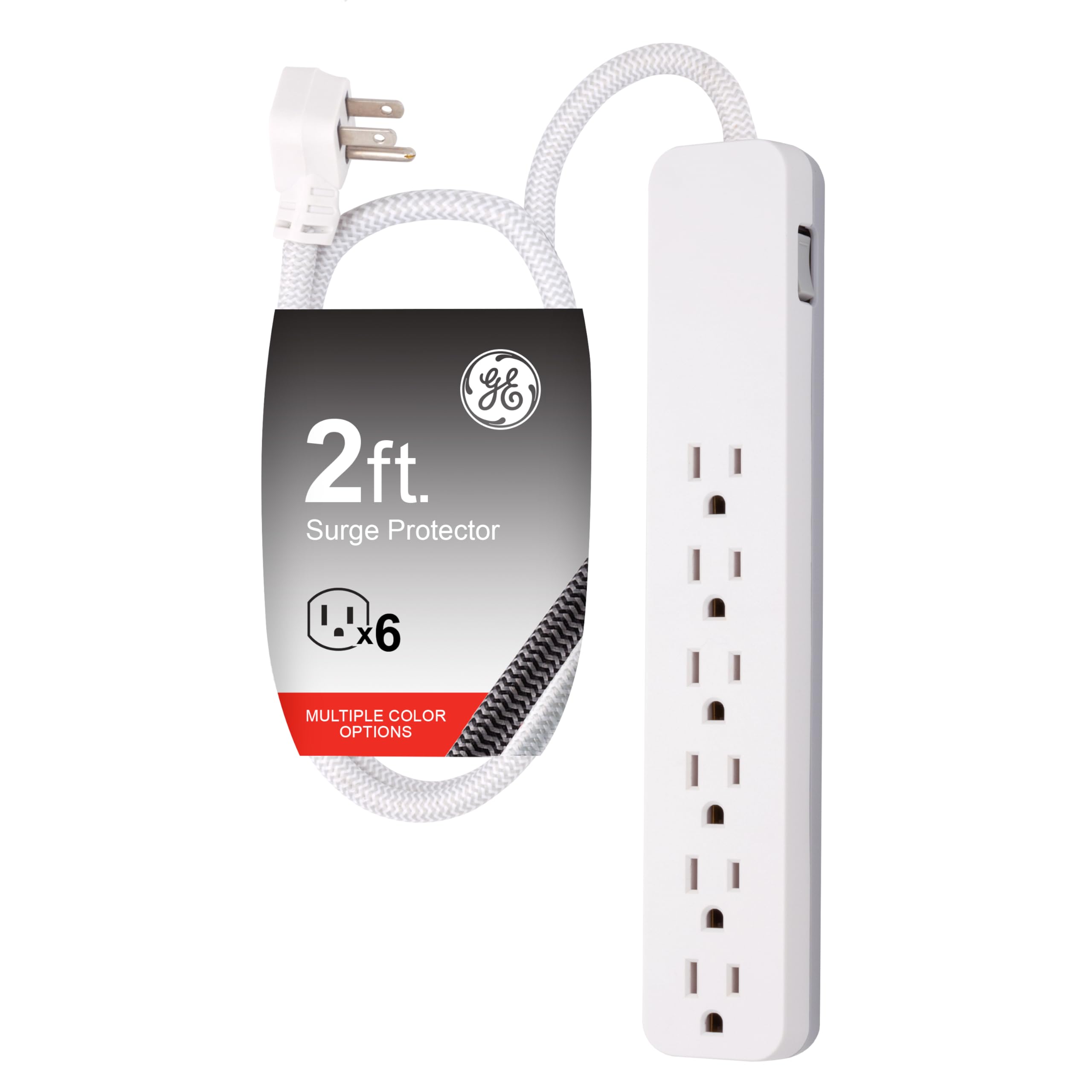 GE UltraPro 6-Outlet Power Bar Surge Protector, 2 Ft Designer Braided Extension Cord, 560 Joules, Flat Plug, Wall Mount, UL Listed, White, 45264