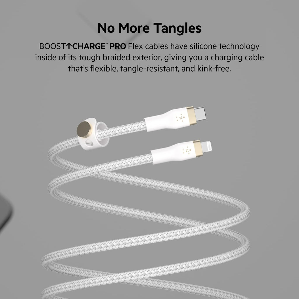 Belkin BoostCharge Pro Flex Braided USB Type C to Lightning Cable (2M/6.6ft), MFi Certified 20W Fast Charging PD Power Delivery for iPhone 14/14 Plus, 13, 12, Pro, Max, Mini, SE, iPad and More - White