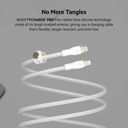 Belkin BoostCharge Pro Flex Braided USB Type C to Lightning Cable (2M/6.6ft), MFi Certified 20W Fast Charging PD Power Delivery for iPhone 14/14 Plus, 13, 12, Pro, Max, Mini, SE, iPad and More - White