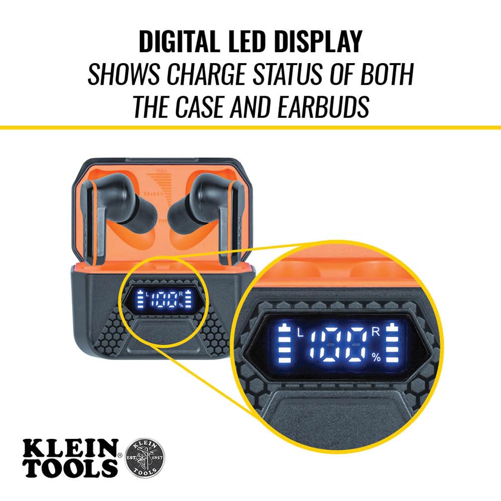 KLEIN TOOLS AESEB2 Elite Bluetooth Earbuds, Real Wireless Earplugs, NRR Hearing Protection 25 DB, 24 Hours Battery Life, Digital LED Display