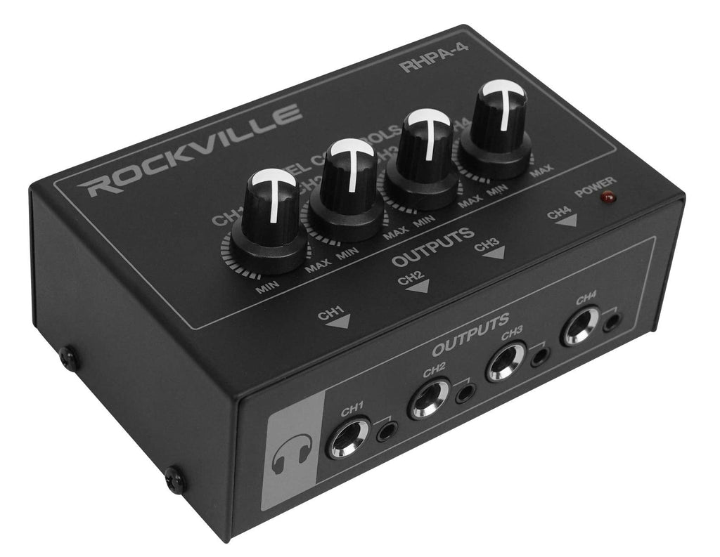 Rockville RHPA4 4-Channel Headphone Amplifier, Stereo/Mono Switch, Dual 1/4" and 3.5mm Outputs per Channel, USB Power, for Studio and Podcast Monitoring