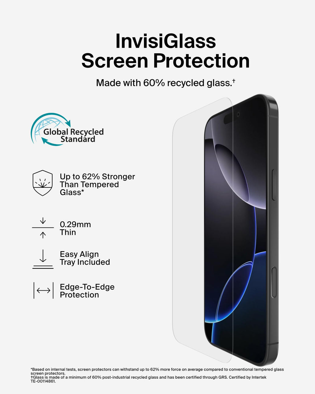 Belkin ScreenForce InvisiGlass Treated Screen Protector for iPhone 16 Pro Max, Scratch-Resistant Impact Protection w/Included Easy Align Tray for Bubble Free Application - Made with Recycled Glass