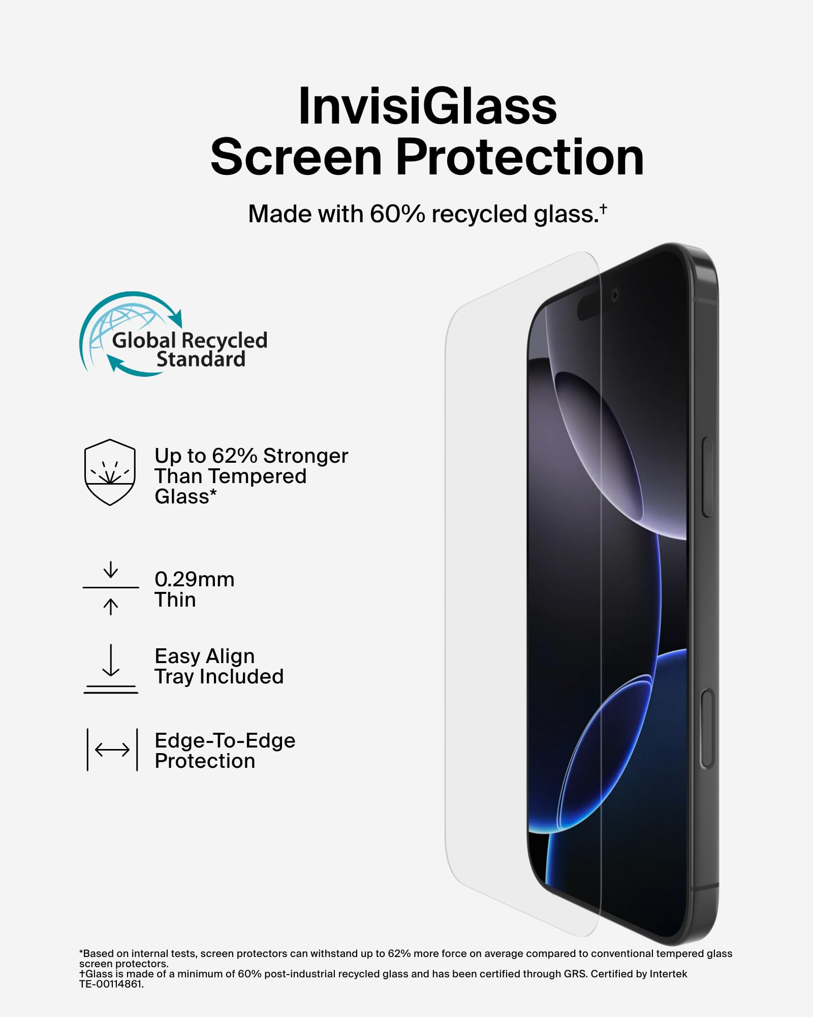 Belkin ScreenForce InvisiGlass Treated Screen Protector for iPhone 16 Pro Max, Scratch-Resistant Impact Protection w/Included Easy Align Tray for Bubble Free Application - Made with Recycled Glass