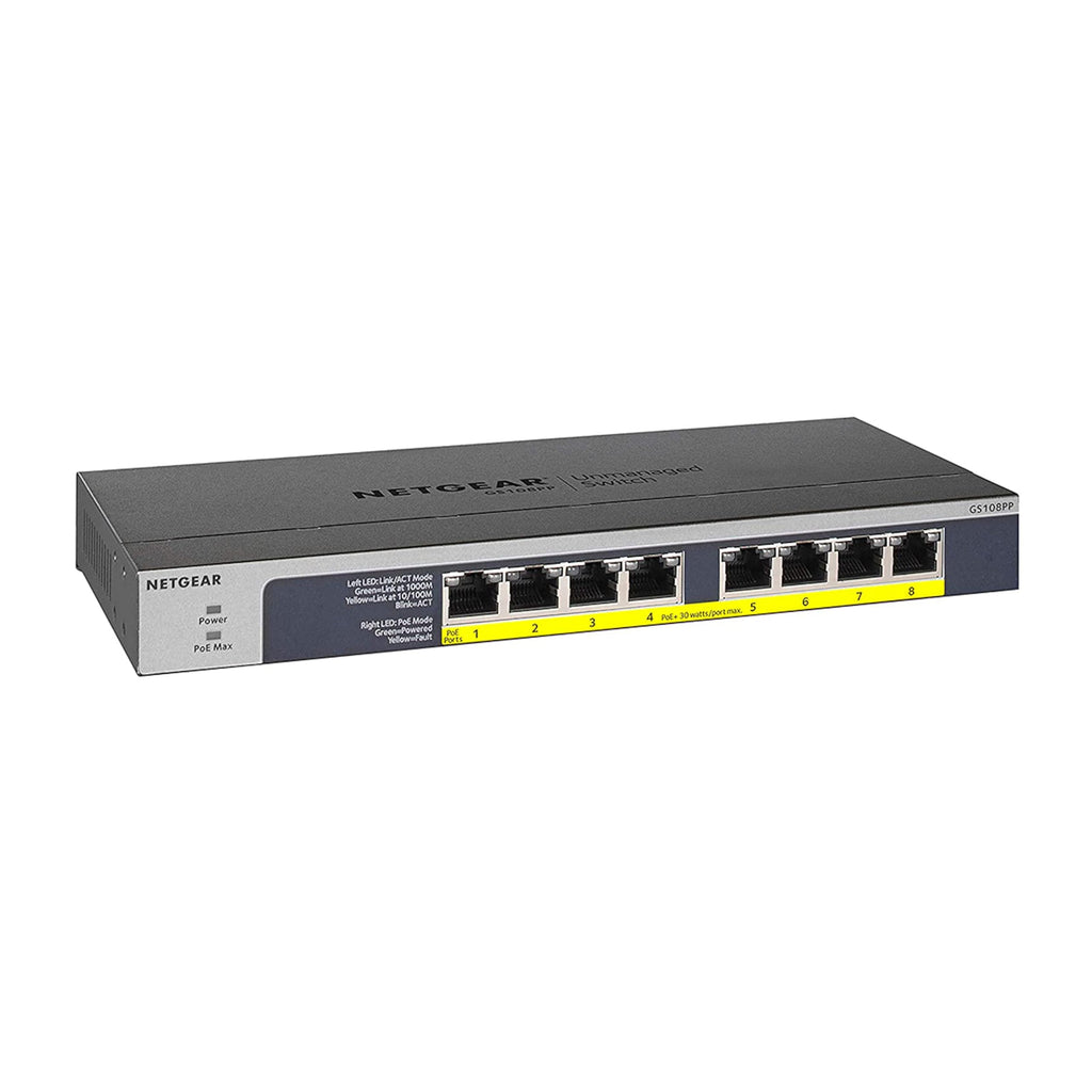 NETGEAR 8-Port Gigabit Unmanaged Switch, PoE/PoE+ 123W, Fanless, Rackmount, Plug-and-Play, ProSAFE Lifetime Protection (GS108PP)