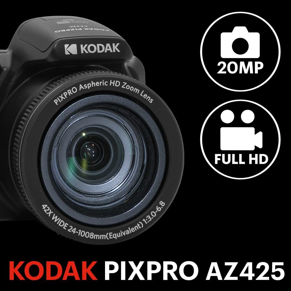KODAK Pixpro Astro Zoom AZ425 - Digital Bridge Camera, 42X Optical Zoom, 24mm Wide Angle, 20 Megapixels, 3" LCD, Full HD 1080p Video, Li-ion Battery - Black